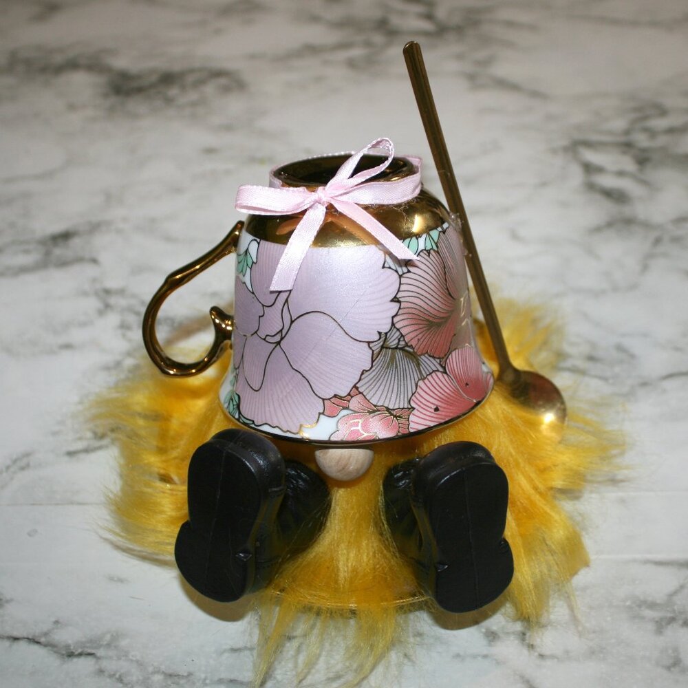HAND CRAFTED Gnome Tea Cup and Saucer Set Floral Metallic Home Decor Yellow